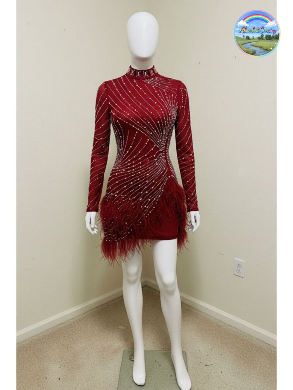 Women's Rhinestone Feather Mesh Bodycon Mini Dress Long Sleeve